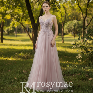 Classic Blush Sheer Bodice A-line Tulle Prom Dress with Spaghetti Straps