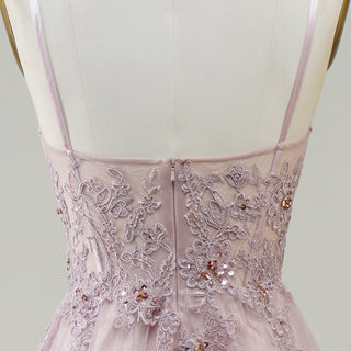Classic Blush Sheer Bodice A-line Tulle Prom Dress with Spaghetti Straps