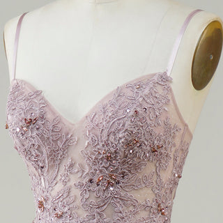 Classic Blush Sheer Bodice A-line Tulle Prom Dress with Spaghetti Straps