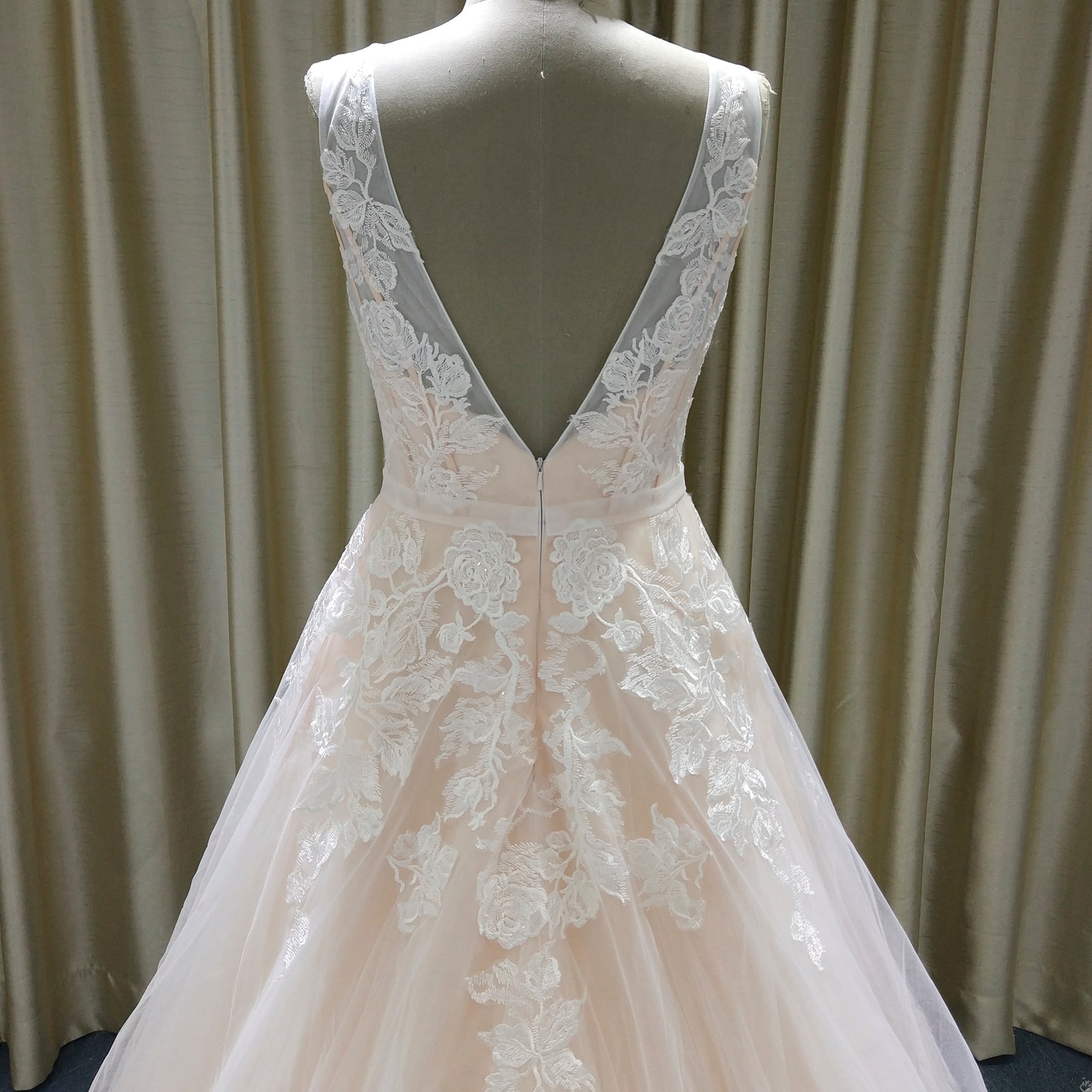 A-Line Blush Wedding Dress with White Tulle Lace Appliqués and Deep V-Back - Rosymae
