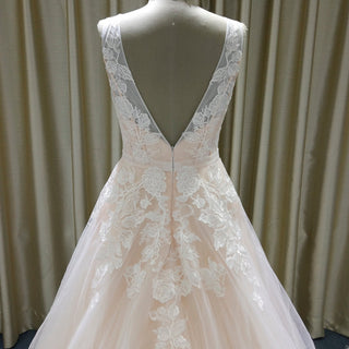 A-Line Blush Wedding Dress with White Tulle Lace Appliqués and Deep V-Back - Rosymae