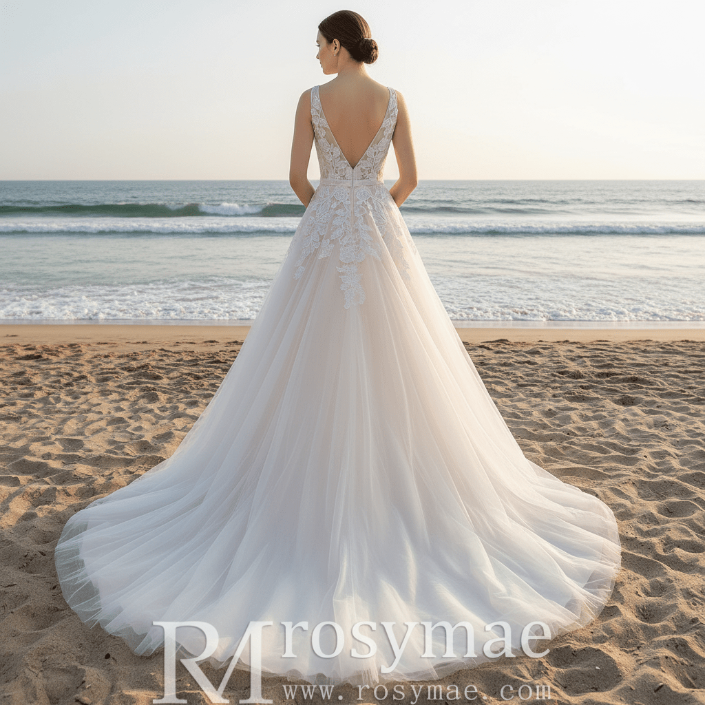 A-Line Blush Wedding Dress with White Tulle Lace Appliqués and Deep V-Back - Rosymae
