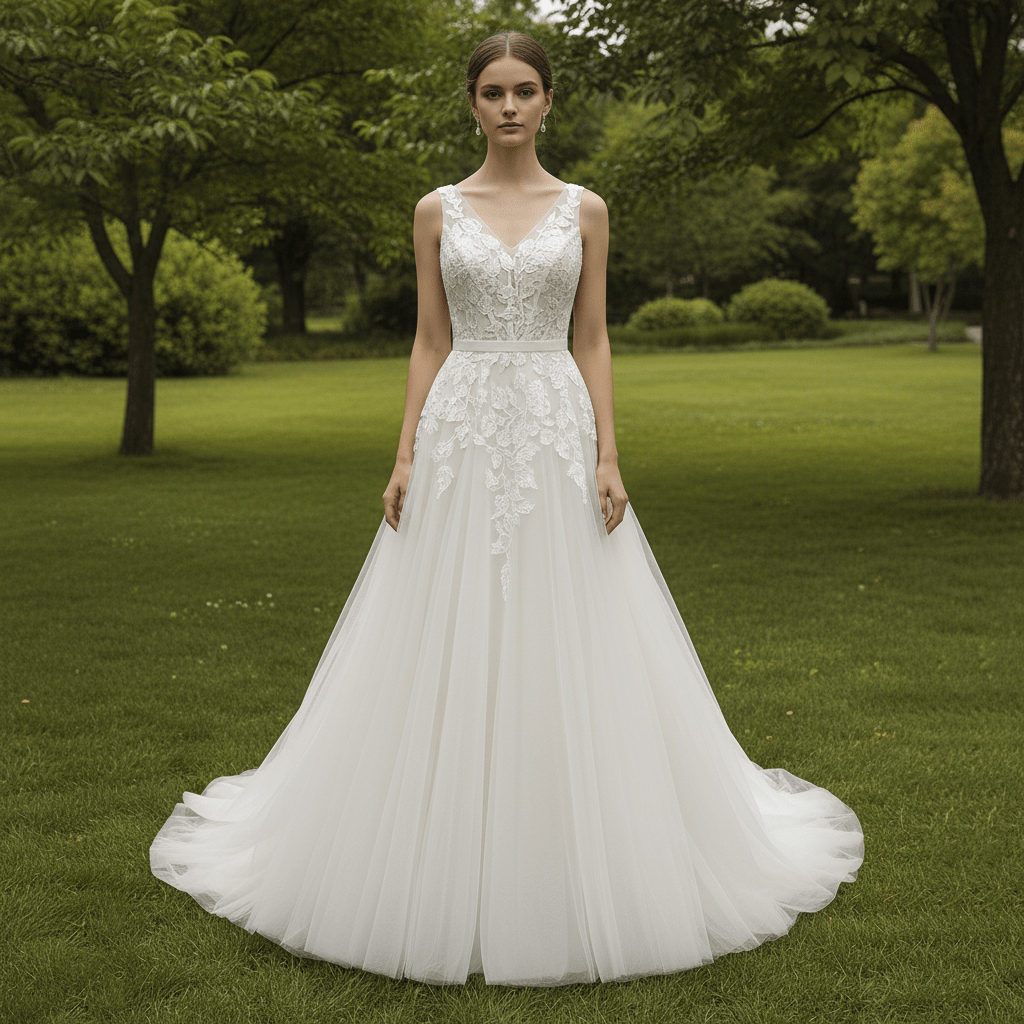 A-Line Blush Wedding Dress with White Tulle Lace Appliqués and Deep V-Back - Rosymae