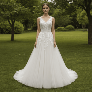 A-Line Blush Wedding Dress with White Tulle Lace Appliqués and Deep V-Back - Rosymae