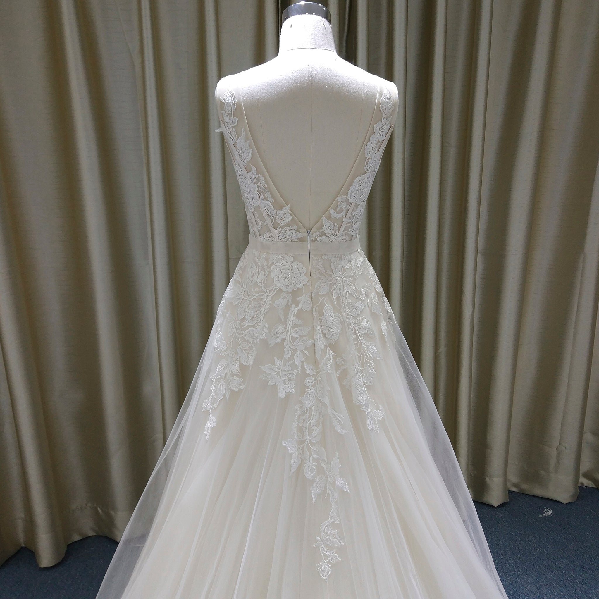 A-Line Blush Wedding Dress with White Tulle Lace Appliqués and Deep V-Back - Rosymae