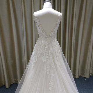 A-Line Blush Wedding Dress with White Tulle Lace Appliqués and Deep V-Back - Rosymae