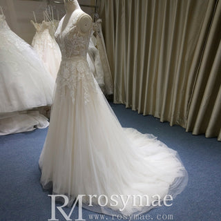 A-Line Blush Wedding Dress with White Tulle Lace Appliqués and Deep V-Back - Rosymae