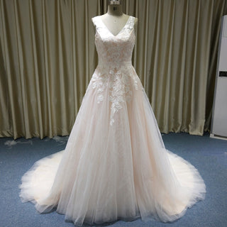 A-Line Blush Wedding Dress with White Tulle Lace Appliqués and Deep V-Back - Rosymae