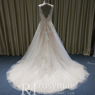 A-Line Blush Wedding Dress with White Tulle Lace Appliqués and Deep V-Back - Rosymae