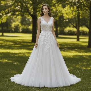 A-Line Blush Wedding Dress with White Tulle Lace Appliqués and Deep V-Back - Rosymae
