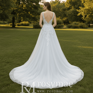 A-Line Blush Wedding Dress with White Tulle Lace Appliqués and Deep V-Back - Rosymae