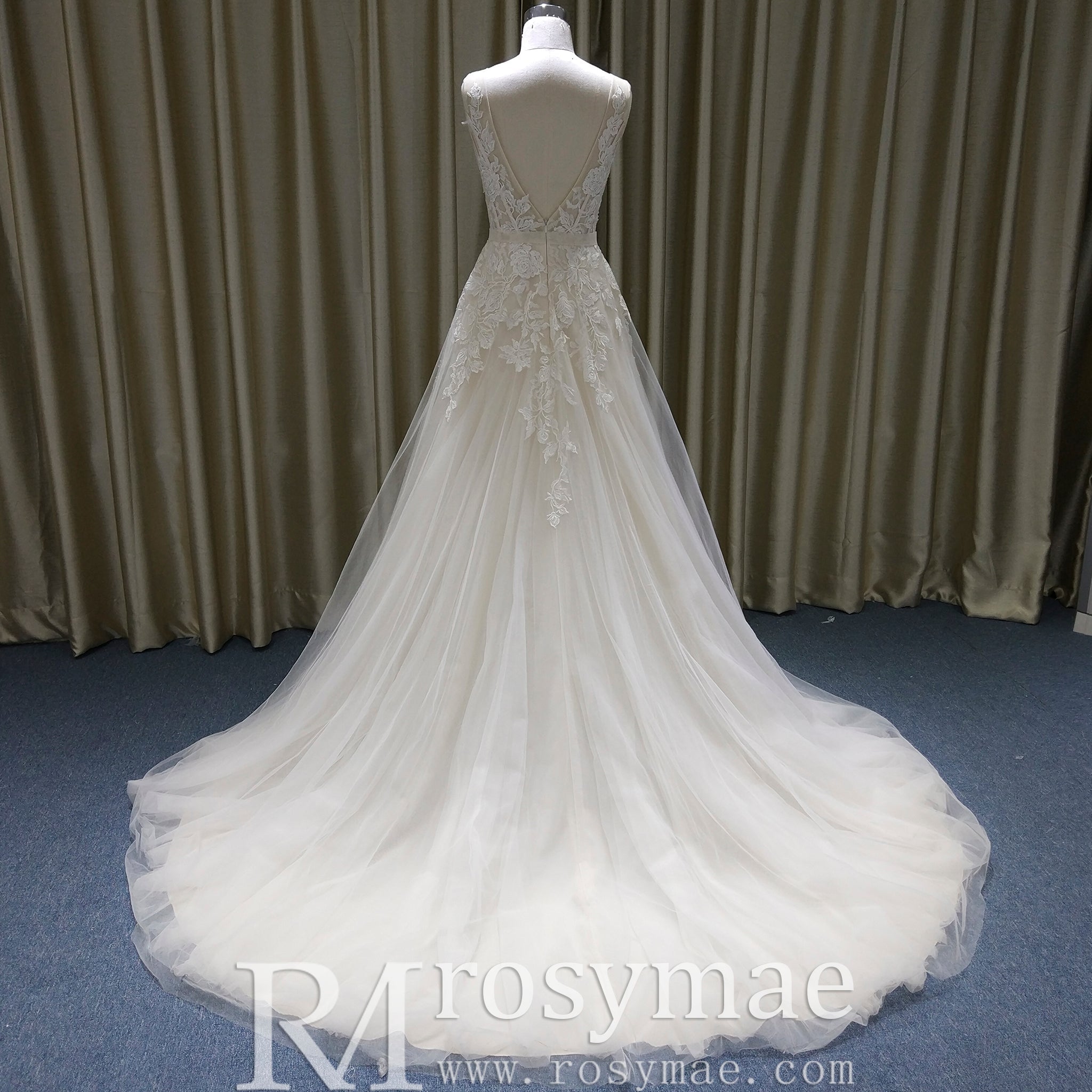 A-Line Blush Wedding Dress with White Tulle Lace Appliqués and Deep V-Back - Rosymae