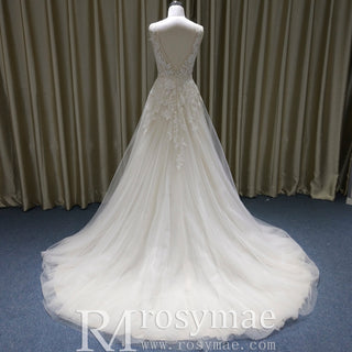 A-Line Blush Wedding Dress with White Tulle Lace Appliqués and Deep V-Back - Rosymae