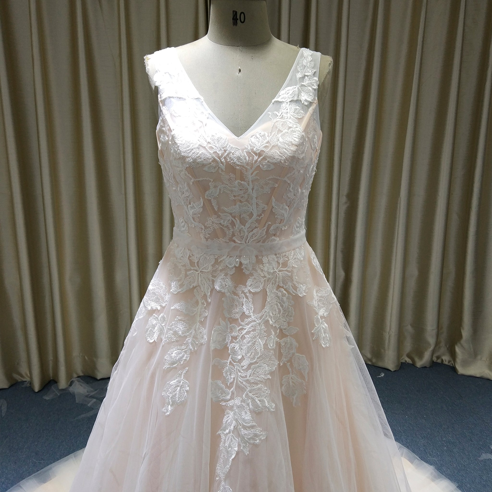 A-Line Blush Wedding Dress with White Tulle Lace Appliqués and Deep V-Back - Rosymae