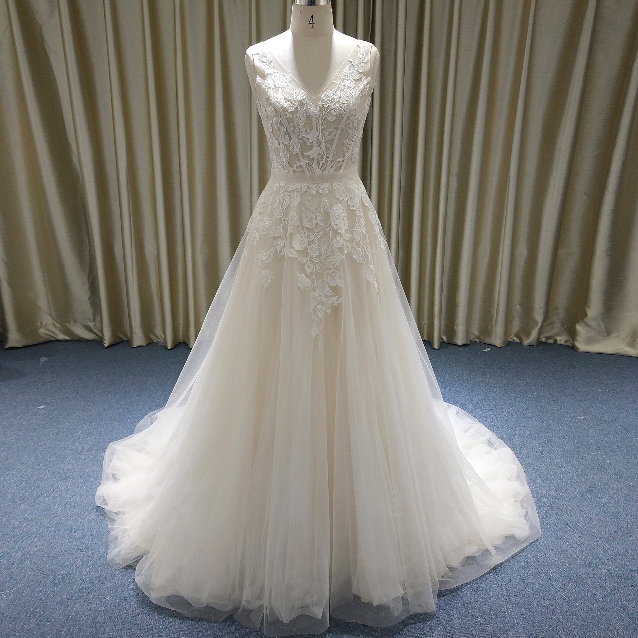 A-Line Blush Wedding Dress with White Tulle Lace Appliqués and Deep V-Back - Rosymae