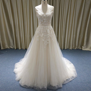 A-Line Blush Wedding Dress with White Tulle Lace Appliqués and Deep V-Back - Rosymae
