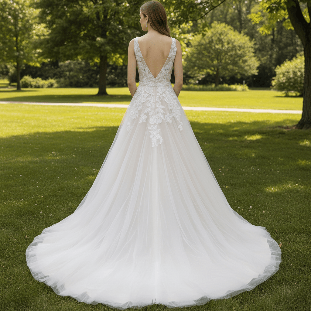 A-Line Blush Wedding Dress with White Tulle Lace Appliqués and Deep V-Back - Rosymae