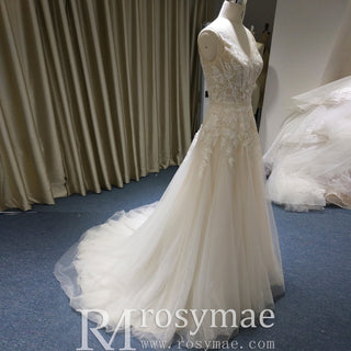 A-Line Blush Wedding Dress with White Tulle Lace Appliqués and Deep V-Back - Rosymae