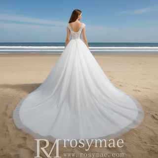 Classic & Elegant A-line Sheer Neck Beach Wedding Dress with Cap Sleeve