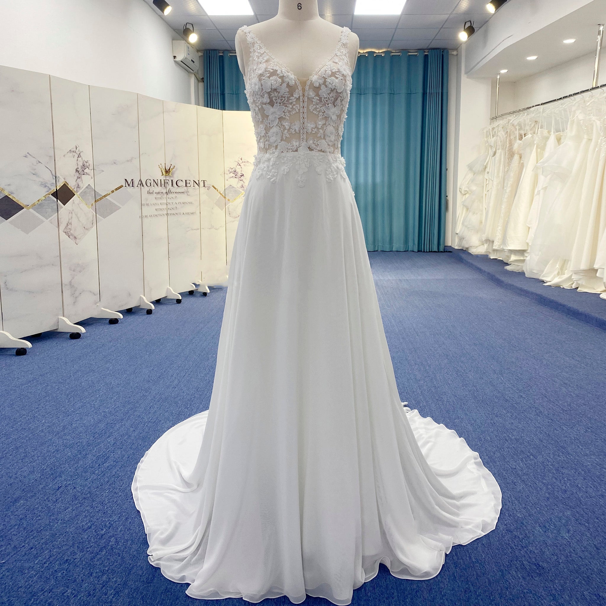 A-line Chiffon and Lace Vneck Wedding Dress with Strapy - Rosymae