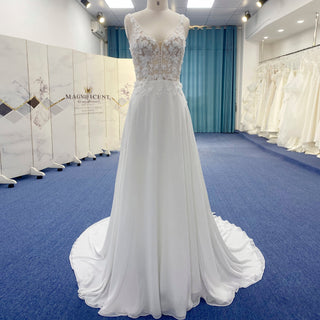 A-line Chiffon and Lace Vneck Wedding Dress with Strapy - Rosymae