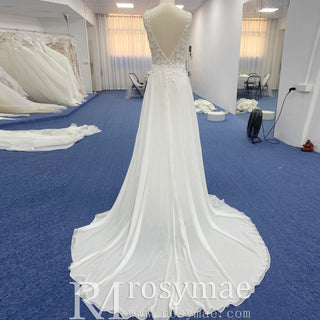A-line Chiffon and Lace Vneck Wedding Dress with Strapy - Rosymae