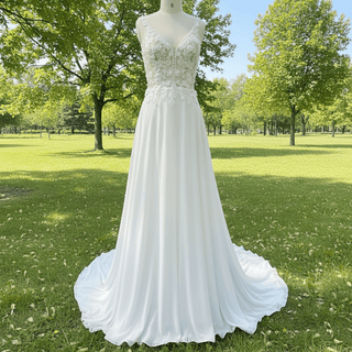A-line Chiffon and Lace Vneck Wedding Dress with Strapy - Rosymae