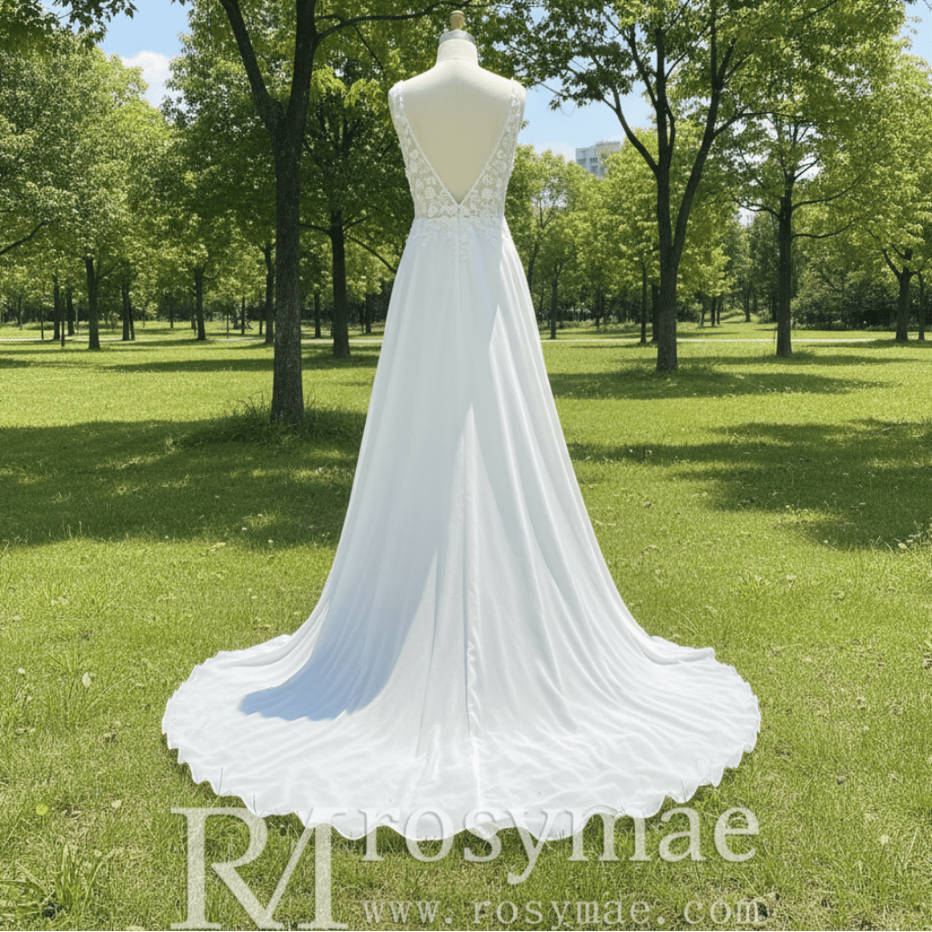 A-line Chiffon and Lace Vneck Wedding Dress with Strapy - Rosymae