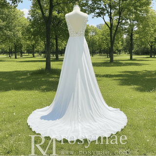 A-line Chiffon and Lace Vneck Wedding Dress with Strapy - Rosymae