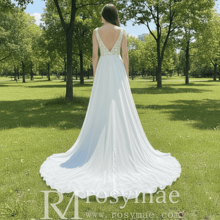 A-line Chiffon and Lace Vneck Wedding Dress with Strapy - Rosymae