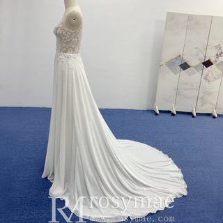 A-line Chiffon and Lace Vneck Wedding Dress with Strapy - Rosymae