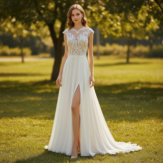 A-line Chiffon and Sheer Lace Bodice Wedding Dress with Slit