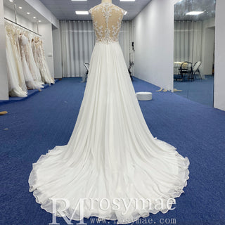 A-line Chiffon and Sheer Lace Bodice Wedding Dress with Slit