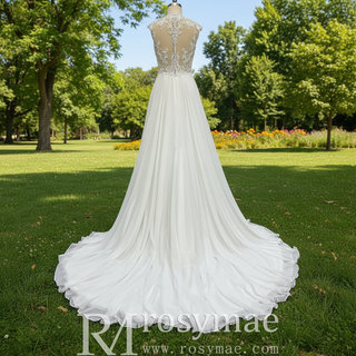 A-line Chiffon and Sheer Lace Bodice Wedding Dress with Slit