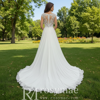 A-line Chiffon and Sheer Lace Bodice Wedding Dress with Slit