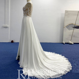 A-line Chiffon and Sheer Lace Bodice Wedding Dress with Slit - Rosymae