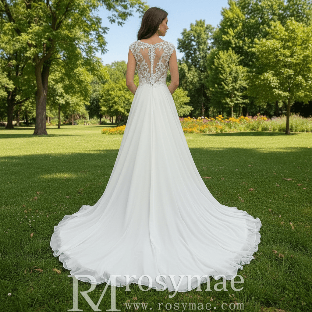 A-line Chiffon and Sheer Lace Bodice Wedding Dress with Slit - Rosymae