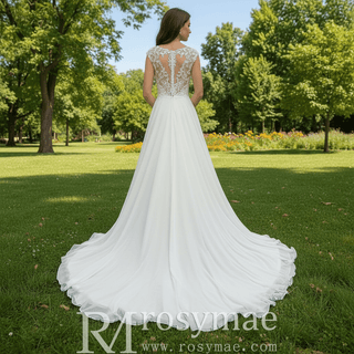 A-line Chiffon and Sheer Lace Bodice Wedding Dress with Slit - Rosymae