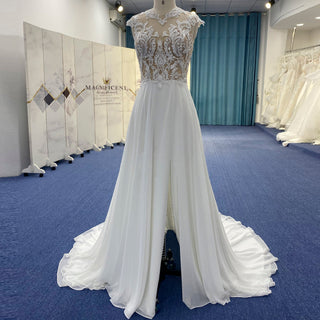 A-line Chiffon and Sheer Lace Bodice Wedding Dress with Slit - Rosymae