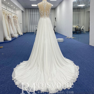 A-line Chiffon and Sheer Lace Bodice Wedding Dress with Slit - Rosymae