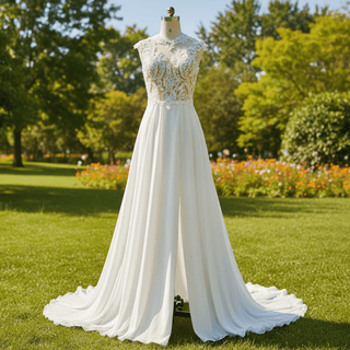 A-line Chiffon and Sheer Lace Bodice Wedding Dress with Slit - Rosymae