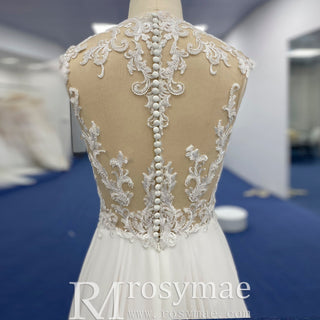 A-line Chiffon and Sheer Lace Bodice Wedding Dress with Slit - Rosymae