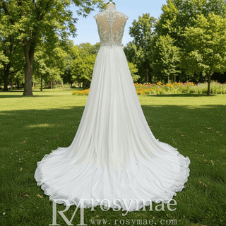 A-line Chiffon and Sheer Lace Bodice Wedding Dress with Slit - Rosymae