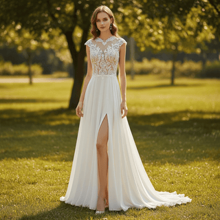 A-line Chiffon and Sheer Lace Bodice Wedding Dress with Slit - Rosymae