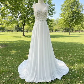 A-line Chiffon and Lace Vneck Wedding Dress with Strapy