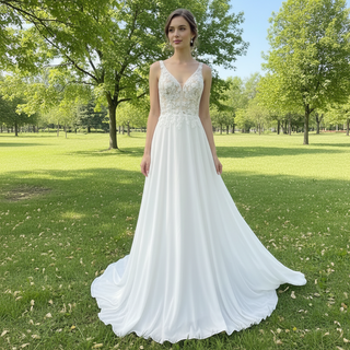 A-line Chiffon and Lace Vneck Wedding Dress with Strapy