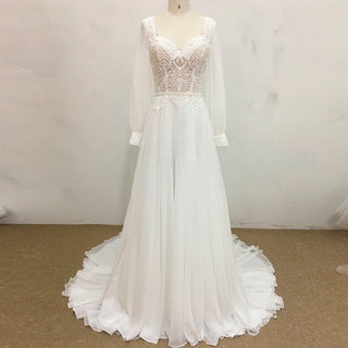 Queen-ann Neckline Long Sleeve Chiffon Wedding Dress