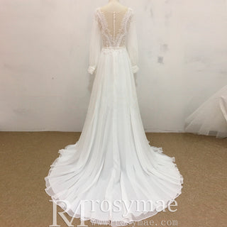 Queen-ann Neckline Long Sleeve Chiffon Wedding Dress