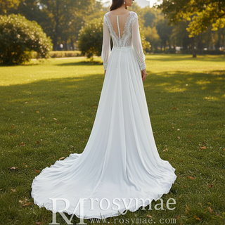 Queen-ann Neckline Long Sleeve Chiffon Wedding Dress