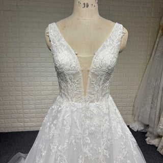 A-line Deep V-Neck Lace Wedding Dress Illusion Bodice with Lace Appliqués - Rosymae